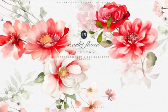 Download Watercolor Scarlet Flowers Clipart Set - Flowers Collection