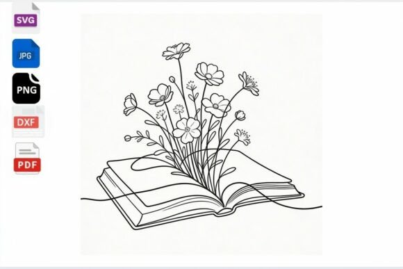 Download Open Book Flowers Line Art SVG PNG DXF - Flowers Collection